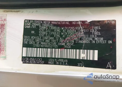 2006 Toyota Tundra Limited V8 from USA, damaged, VIN 5TBDT481X6S521125